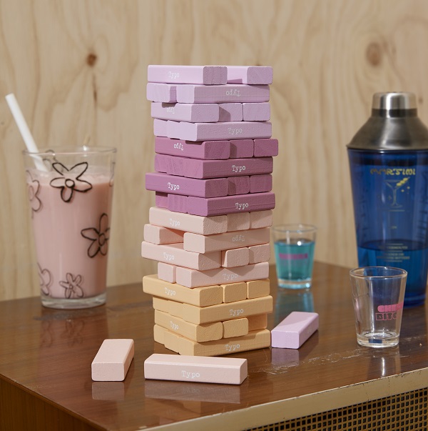 Picture of drinks and a jenga game with Typo branding