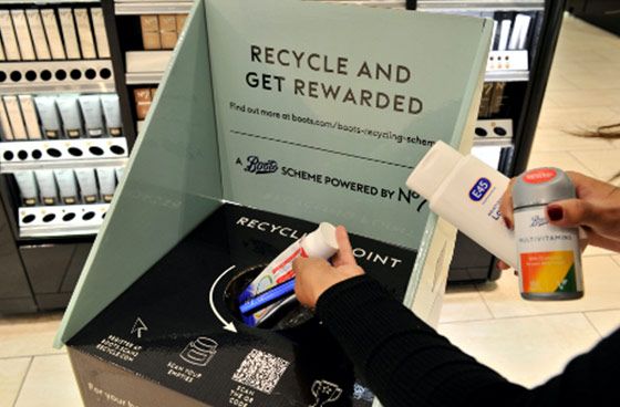 The recycling point in a boots shop